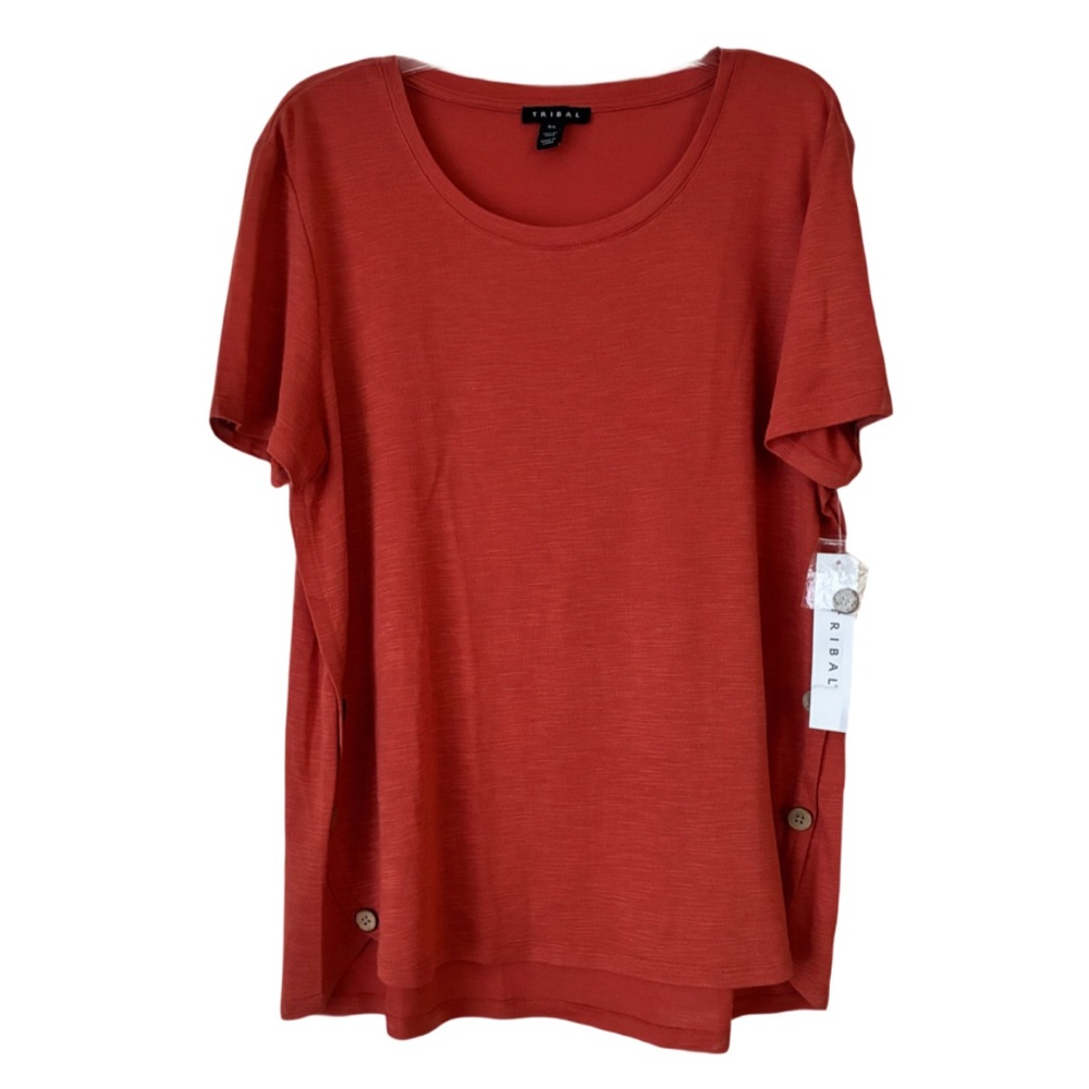 NWT Tribal T-Shirt w/ Side Button Accents, Sz. L, Burnt Orange, Round Neck